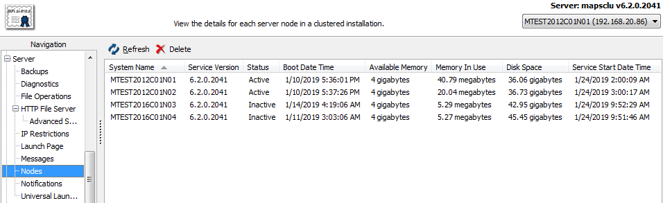 The Server -> Nodes screen in MAPS Config showing various details for each node in the cluster.